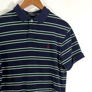 Polo Ralph Lauren Men's Navy Green White Striped Custom Fit Polo Shirt L